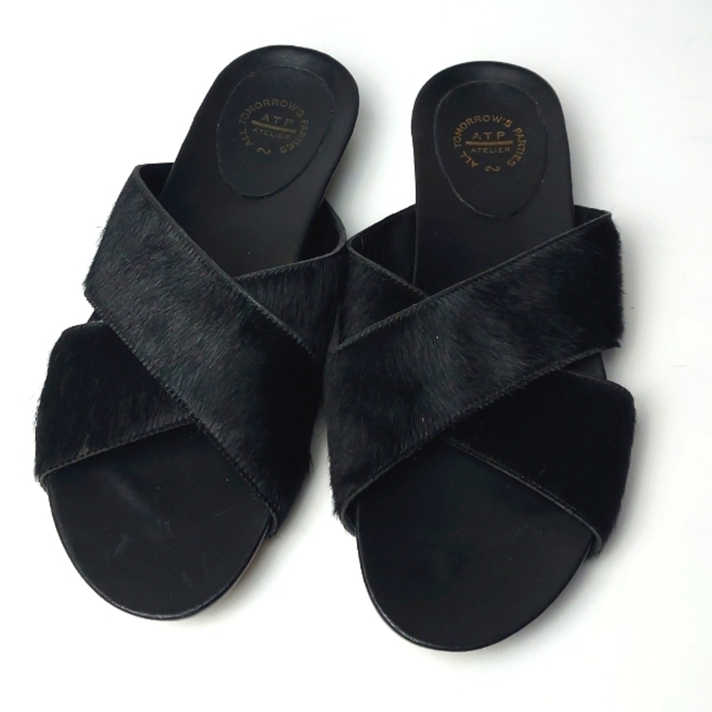 ATP Atelier Doris Black Calf Hair Criss Cross Slide Sandals Size 39 IT / 9